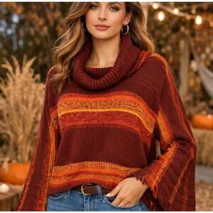 Free People Close To Me Pullover Sweater Red Berry Stripe Turtleneck Sz XS